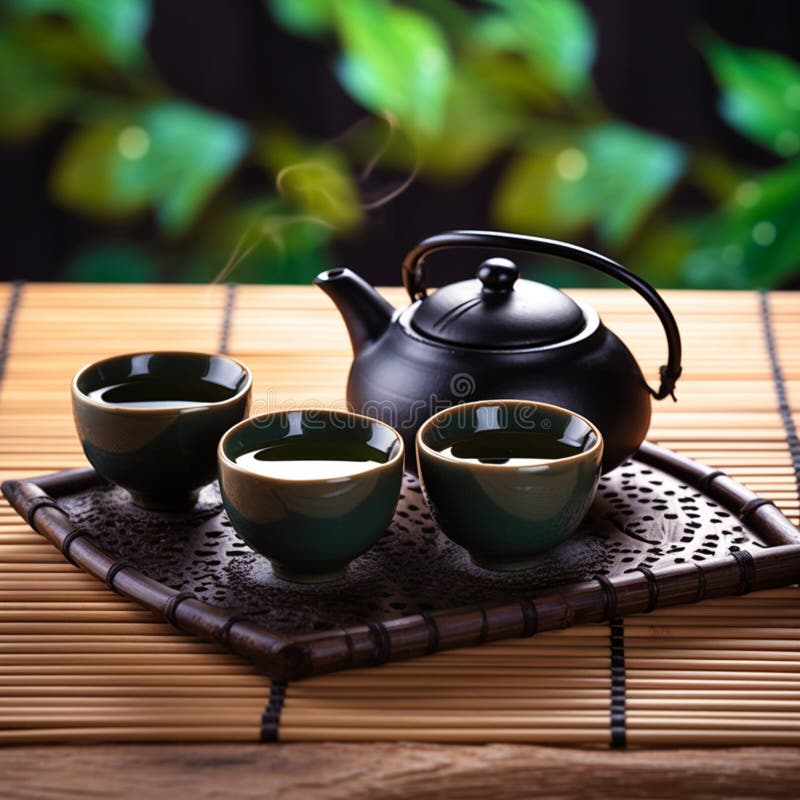Asian tea set. Japanese teapot and cups on bamboo mat. generative