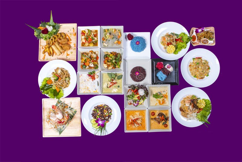 Asian Thai Food On White Plates With Purple Background With Copy