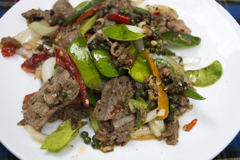 Asian Thai Oriental Food Stir Fried Black Pepper Meat Beef Stock Photo