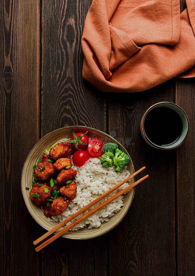 Asian Traditional Cuisine, Fried Chicken Teriyaki, with Side Dish, Rice