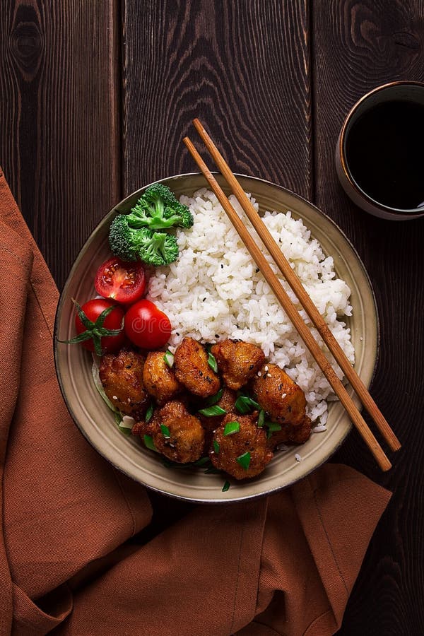 Asian Traditional Cuisine, Fried Chicken Teriyaki, with Side Dish, Rice