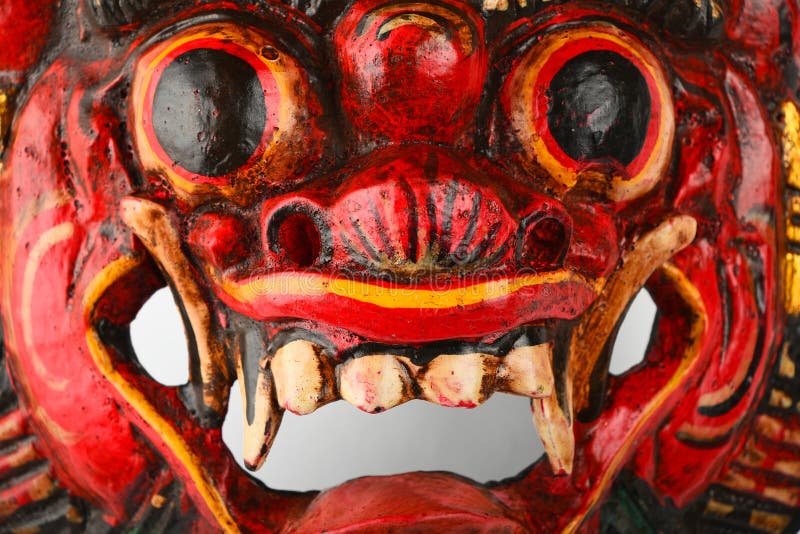 Asian traditional wooden red painted demon mask