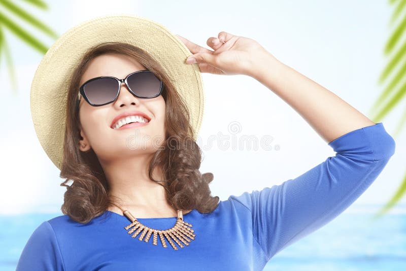 Asian Woman With Hat And Sunglasses Looking At Scenery View Stock Image