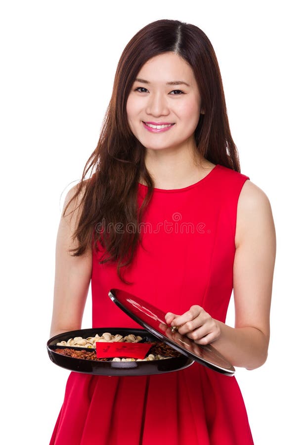 Asian Woman Hold Lunar Traditional Snack Tray Photos Free And Royalty 