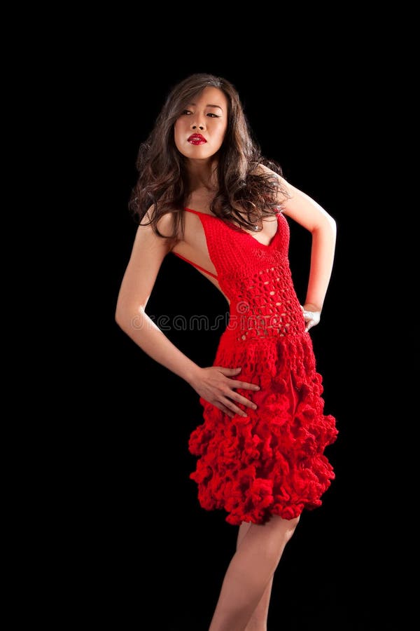 Asian woman in red crochet dress