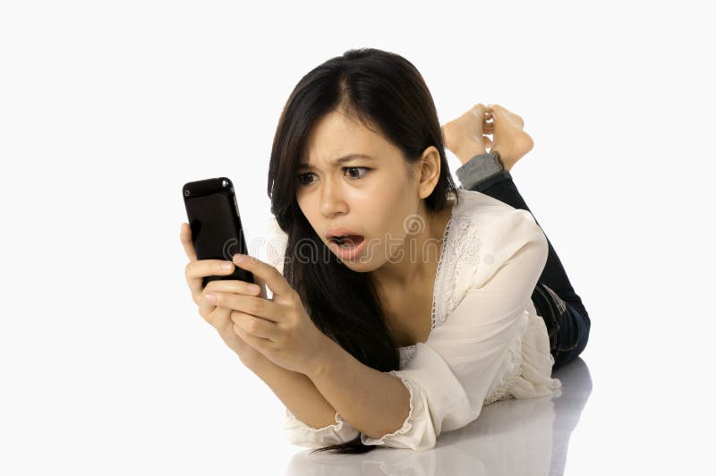 Asian Woman Shock See Her Cellphone