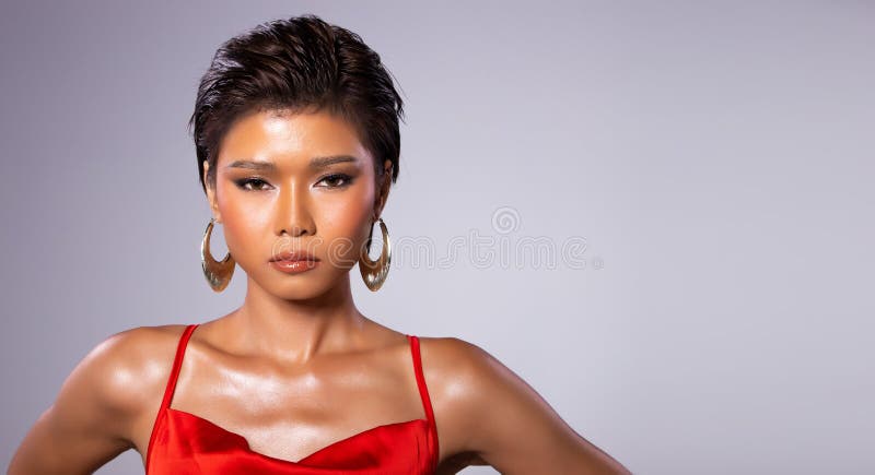 Asian Woman Short Hair Wear Red Gown Dress Stock Photo - Image of model,  beauty: 184849202