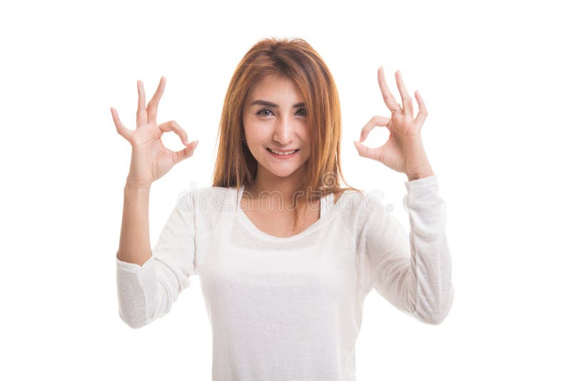 Asian Woman Show Double OK Hand Sign and Smile. Stock Image - Image of ...