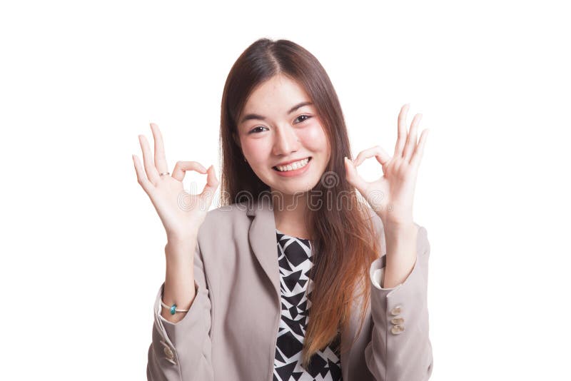 Asian Woman Show Double OK Hand Sign and Smile. Stock Image - Image of ...