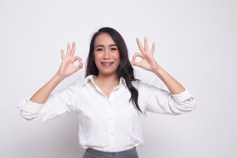 Asian Woman Show Double OK Hand Sign and Smile Stock Image - Image of ...