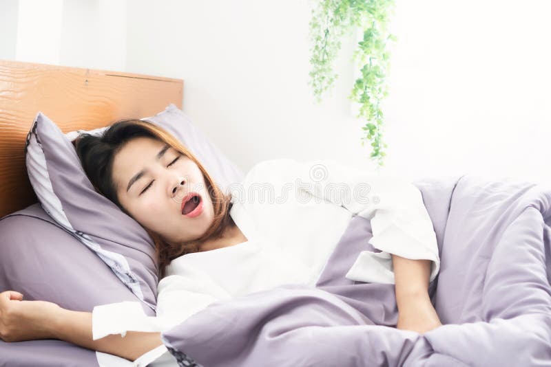 Asian Woman Snoring And Open Mouth While Sleeping In Bed Stock Image Image Of Care Open