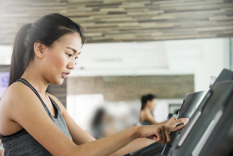Asian Woman In Sportswear Using Treadmill Stock Image Image Of