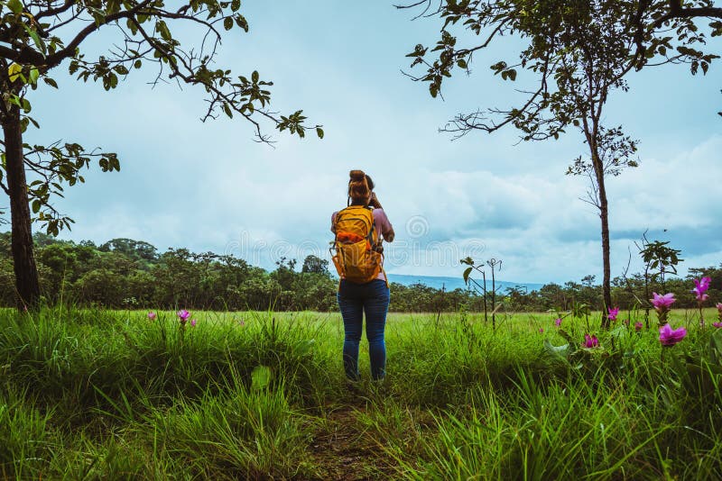 Asian woman travel nature. Travel relax. Photography Cucumber sessilis flower field stock photo Asian woman travel nature. Travel relax. Photography Cucumber sessilis flower field stock photo