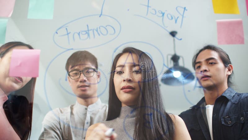 Asian woman writing glass wall with sticky notes, leading creative team group meeting in modern office. Business people teamwork stock footage
