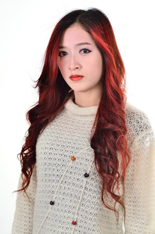 Asian women red long hair in modern fashion