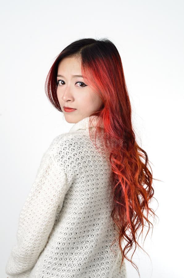 Asian women red long hair in modern fashion