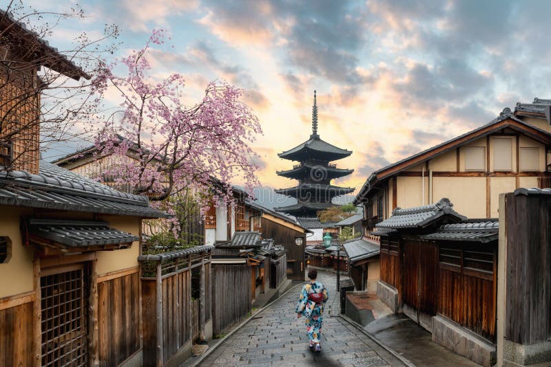 Asian women wearing traditional japanese kimono in Yasaka Pagoda