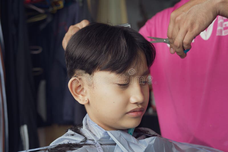 Asian Young Boy is Getting Haircut at Home from the Father Stock Image -  Image of style, father: 223796493
