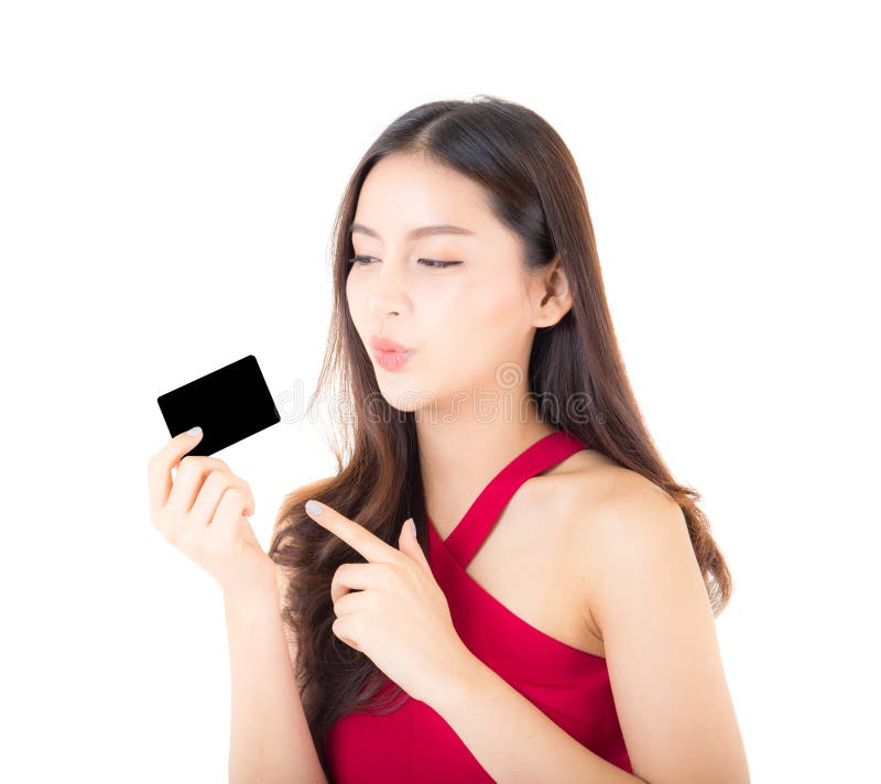 Asian Young Woman with Red Dress Holding a Credit Card Thinking To ...