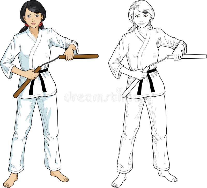 Young healthy Asian girl armed with nunchuck in karategi vector illustration colored and lineart. Young healthy Asian girl armed with nunchuck in karategi vector illustration colored and lineart