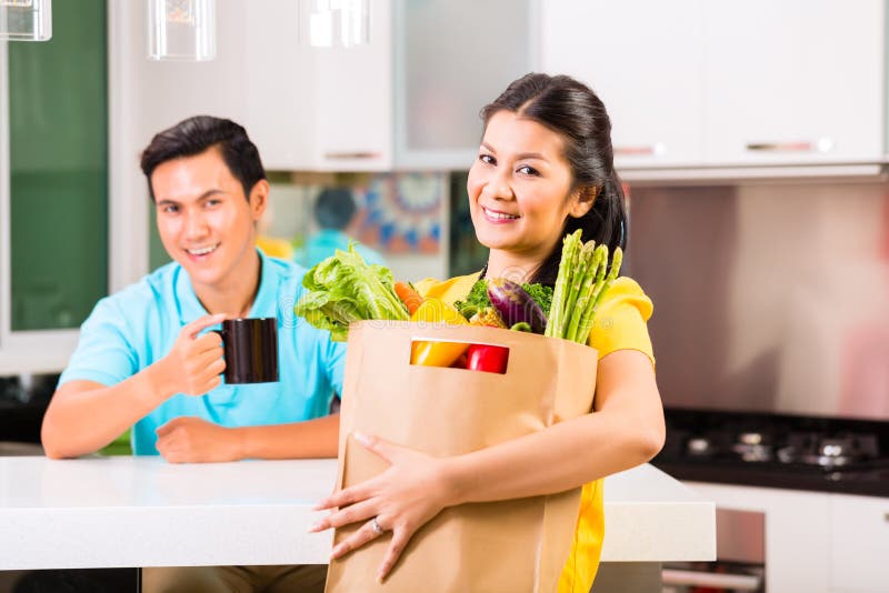 Young Asian handsome women coming home from grocery shopping. Young Asian handsome women coming home from grocery shopping