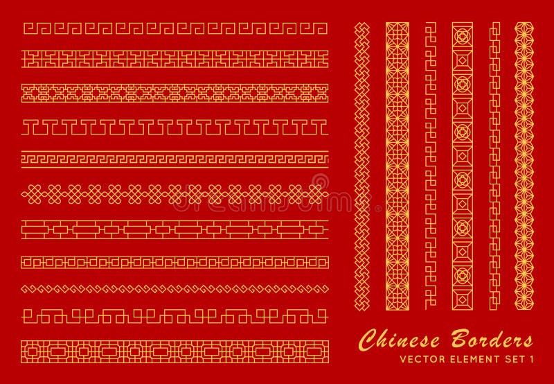 Asian border set in vintage style on red background. Traditional chinese ornaments for your design. Vector golden japanese pattern. Artwork graphic, asian culture decoration. Asian border set in vintage style on red background. Traditional chinese ornaments for your design. Vector golden japanese pattern. Artwork graphic, asian culture decoration