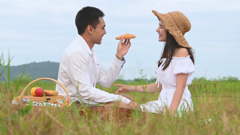 Asiatische junge Paare Picknick auf grünem Wiese-Feld Der Mensch gibt Apfelwein an die Frau, zwischen den flirtenden Flitterwoche