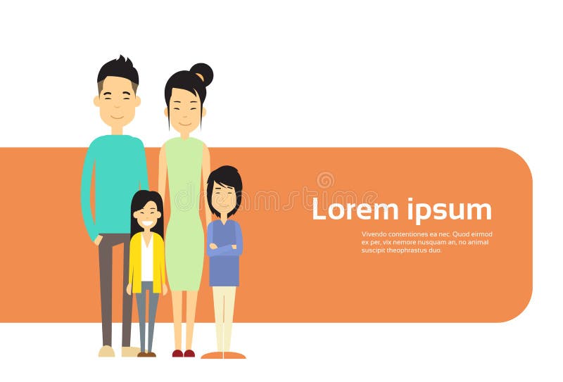 Asian Family Four People, Asia Parents With Two Children Banner With Copy Space Flat Vector Illustration. Asian Family Four People, Asia Parents With Two Children Banner With Copy Space Flat Vector Illustration