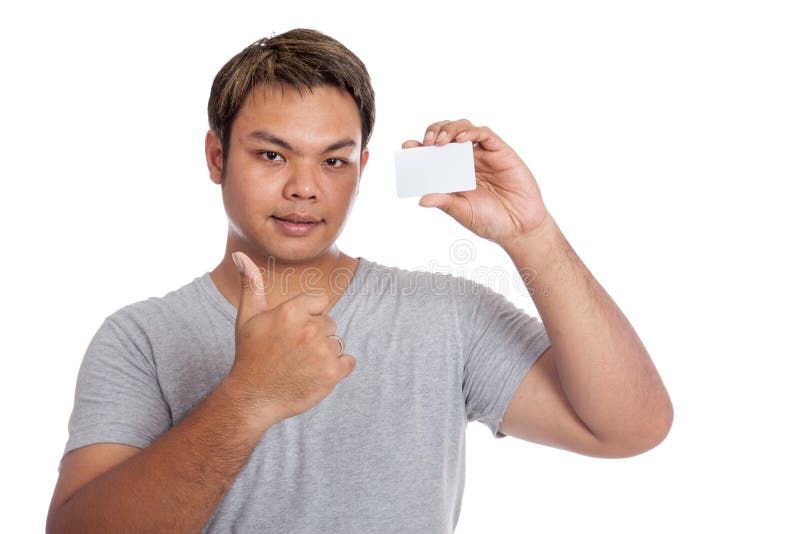 Asiatische Manndaumen zeigen sich eine leere Karte stockbild Asiatische Manndaumen zeigen sich eine leere Karte stockbild