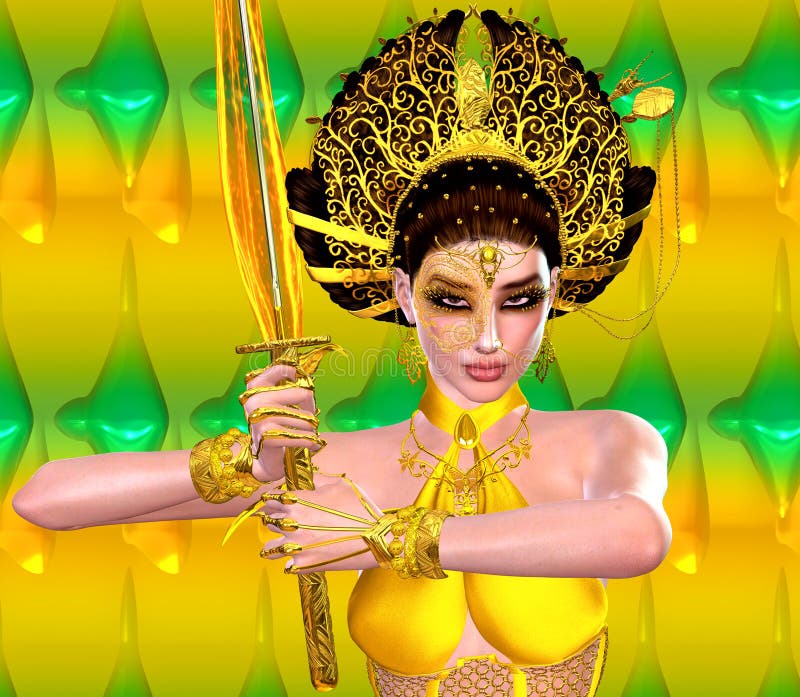 Asiatische Prinzessin mit Goldklinge des Feuers gegen ein Gold und einen grünen Hintergrund Moderne digitale Kunstschönheit, -mod lizenzfreie abbildung Asiatische Prinzessin mit Goldklinge des Feuers gegen ein Gold und einen grünen Hintergrund Moderne digitale Kunstschönheit, -mod lizenzfreie abbildung