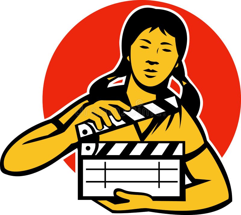 Asiatisk kvinnaflicka med filmpanelbrädan stock illustrationer Asiatisk kvinnaflicka med filmpanelbrädan stock illustrationer
