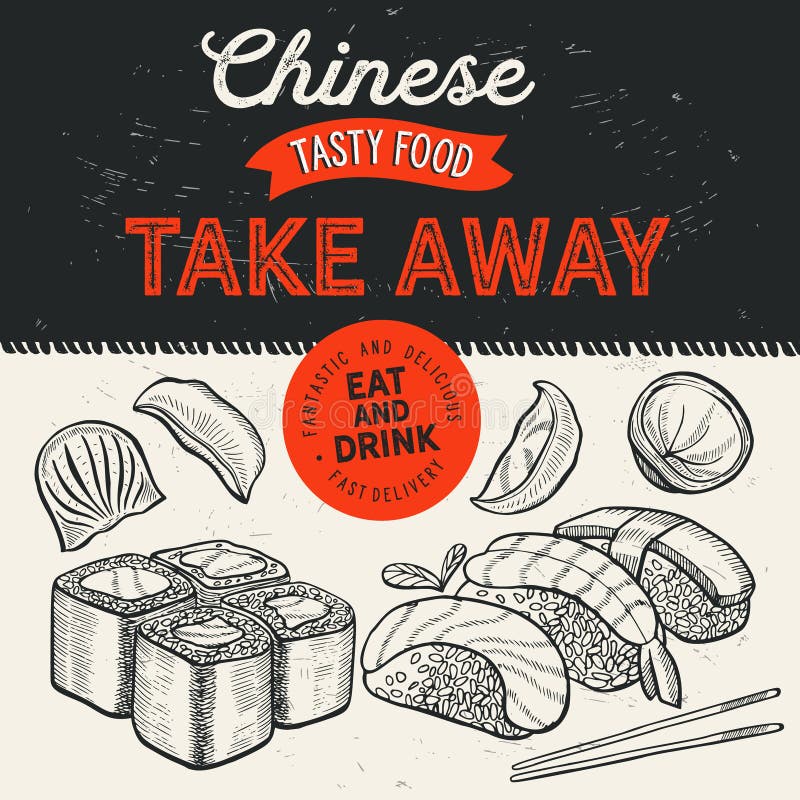 Asiatiska illustrationer - sushi, dim sum, nudel, gyoza för kinesisk restaurang vektor illustrationer Asiatiska illustrationer - sushi, dim sum, nudel, gyoza för kinesisk restaurang vektor illustrationer