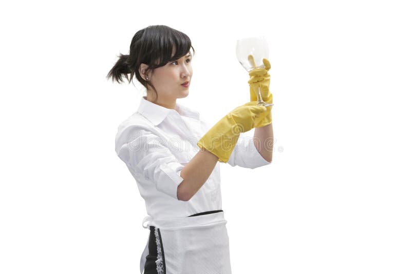 Asiatiskt husrengöringsmedel som ser exponeringsglas över vit bakgrund arkivfoton Asiatiskt husrengöringsmedel som ser exponeringsglas över vit bakgrund arkivfoton