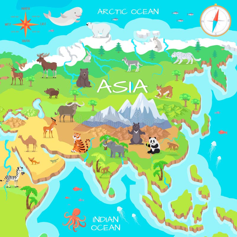 Asien-Festland-Karikatur-Karte mit Fauna-Spezies