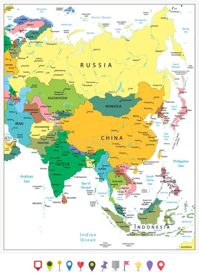 Asien führte in hohem Grade politische Karte und flache Ikonen einzeln auf
