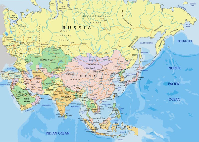 Asien physAsia - högt detaljerad redigerbar politisk översikt med avskilda lager