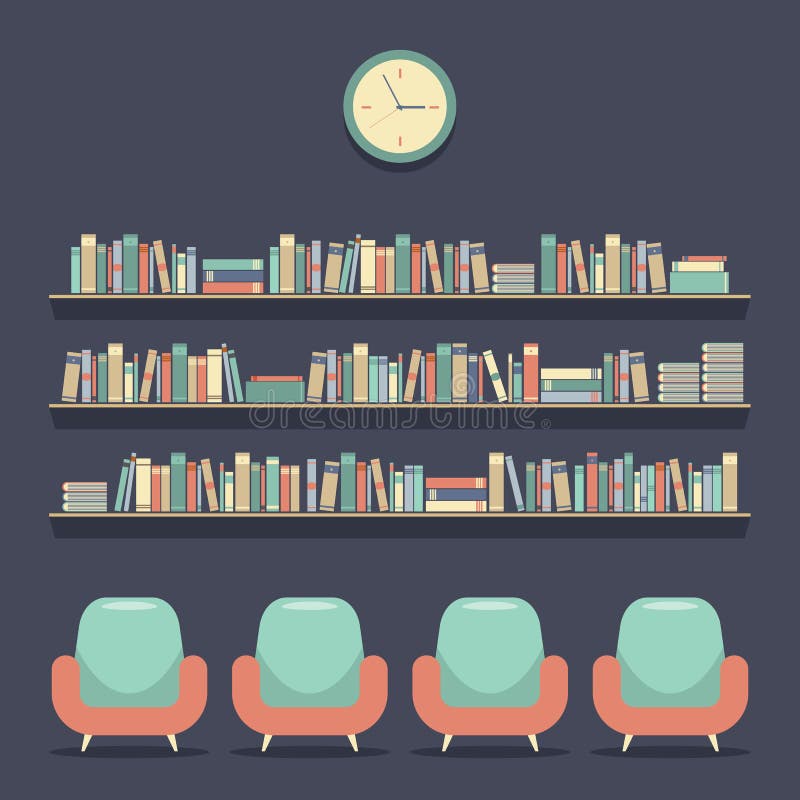 Asientos y estantes planos de la lectura del diseño stock de ilustración Asientos y estantes planos de la lectura del diseño stock de ilustración