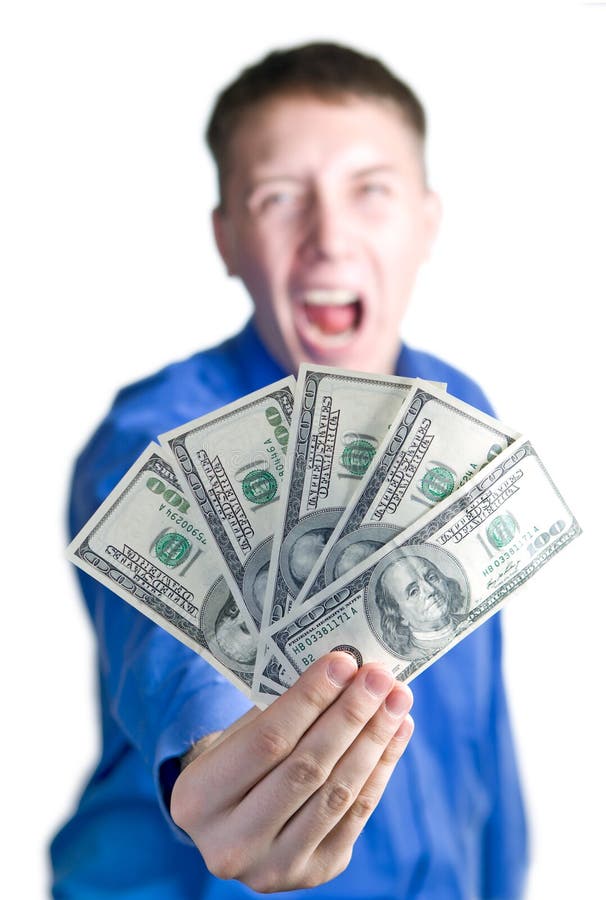 Asimiento de grito $500 del hombre imagen de archivo libre de regalías Asimiento de grito $500 del hombre imagen de archivo libre de regalías