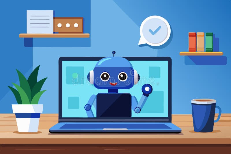 Asistent digital chatbot pe ecran de laptop cu simboluri de comunicare virtuală și interfață AI spațiu de lucru modern cu ceașcă d vector illustration