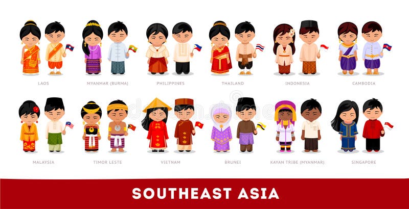 Asiáticos en ropa nacional Asia sudoriental Sistema del chara de la historieta