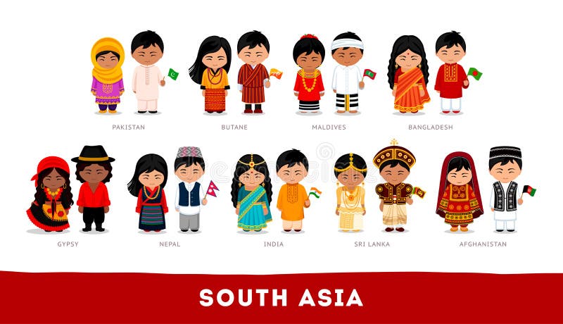 Asiáticos na roupa nacional 3Sul da Ásia Grupo de personagem de banda desenhada