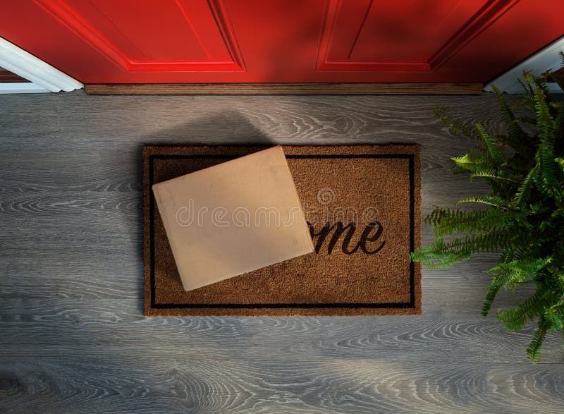 E-commerce purchase delivered to the front door. Overhead view. Add your own label. E-commerce purchase delivered to the front door. Overhead view. Add your own label