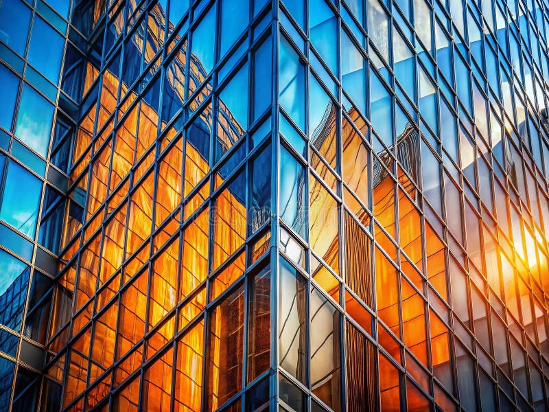 Impresionante fachada abstracta de un moderno edificio de cristal con reflejos dinámicos azules y naranjas que capturan la arquite libre illustration