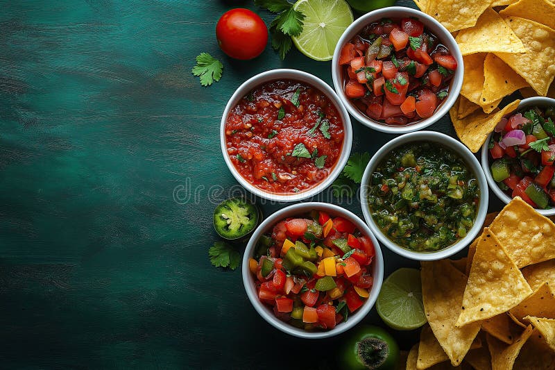 Asortarea vibrantă a dipelor și sosurilor mexicane cu așchii de tortilla crocante pe un suport rustic royalty free stock photos