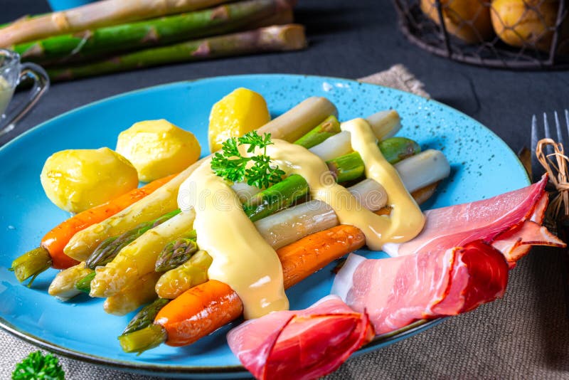 Asparagus with Black Forest Ham, Carrots and Hollandaise Sauce Stock