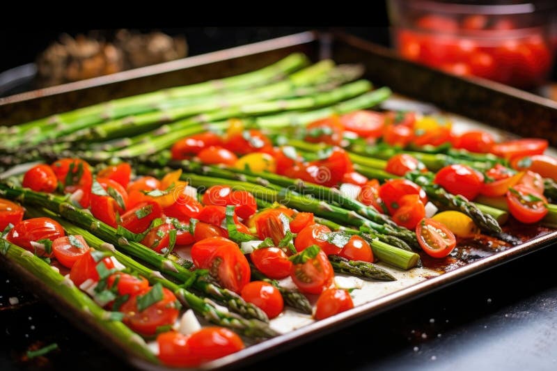 Asparagus bruschetta pe o foaie de copt royalty free illustration