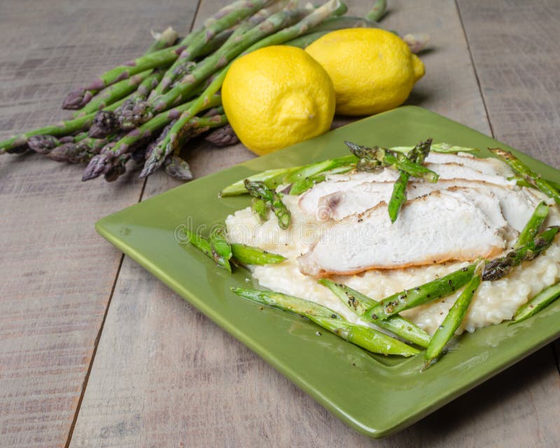 Asparagus Risotto with Chicken on Green Plate Stock Photo Image of