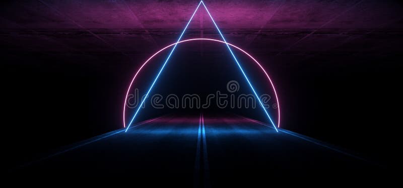 Asphalt Road Sci Fi Futuristic Neon Glowing Laser Show Tunnel Corridor Underground Garage Warehouse Triangle Form Purple Blue 3D stock illustrationer Asphalt Road Sci Fi Futuristic Neon Glowing Laser Show Tunnel Corridor Underground Garage Warehouse Triangle Form Purple Blue 3D stock illustrationer