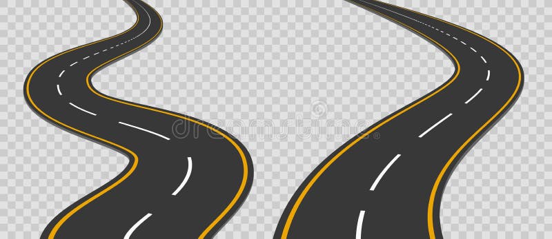 Winding curved road with markings set. Highway going into the distance. Asphalt pathway on transparent background. Road direction