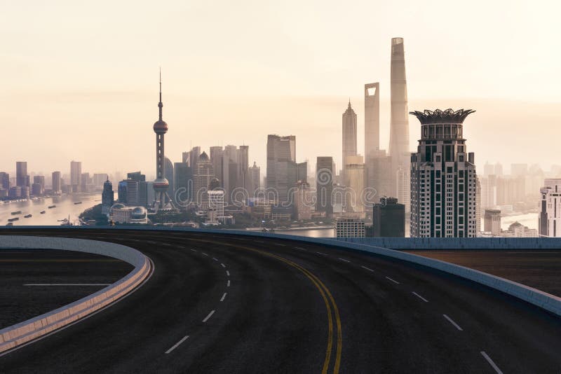 Asphalt road and urban building of Shanghai, driveway and road